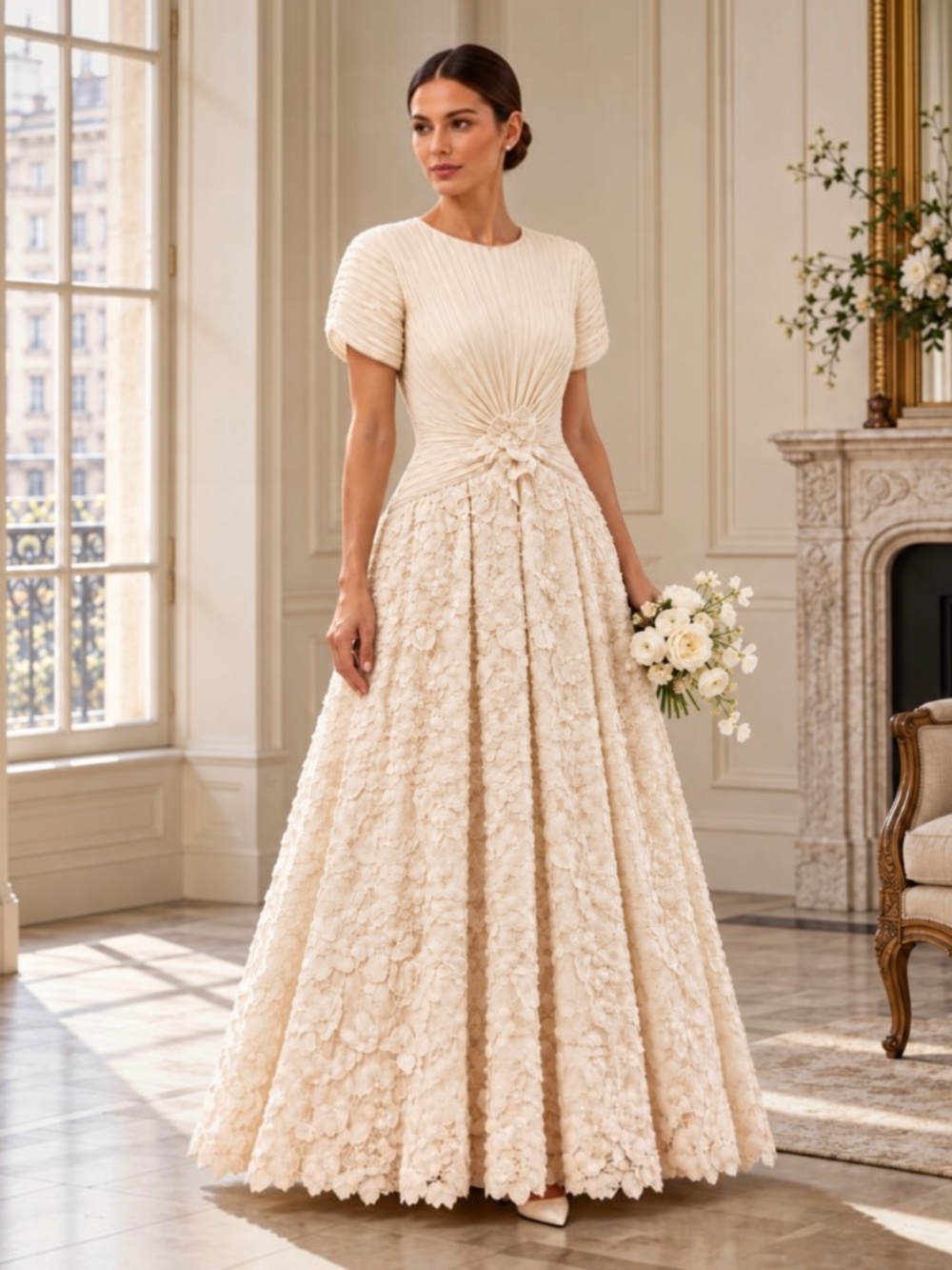 Vintage George F Couture Ivory Wedding Dress Pleated Floral Lace Pearl Size 8
